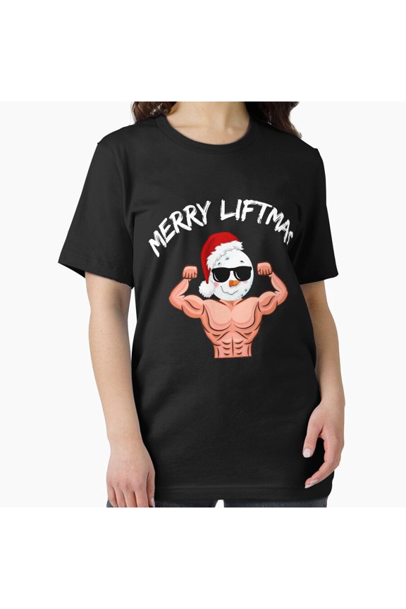 Wishing You a Merry Liftmas with a Buff Snowman Pal Unisex T-Shirt, up to Size 5XL