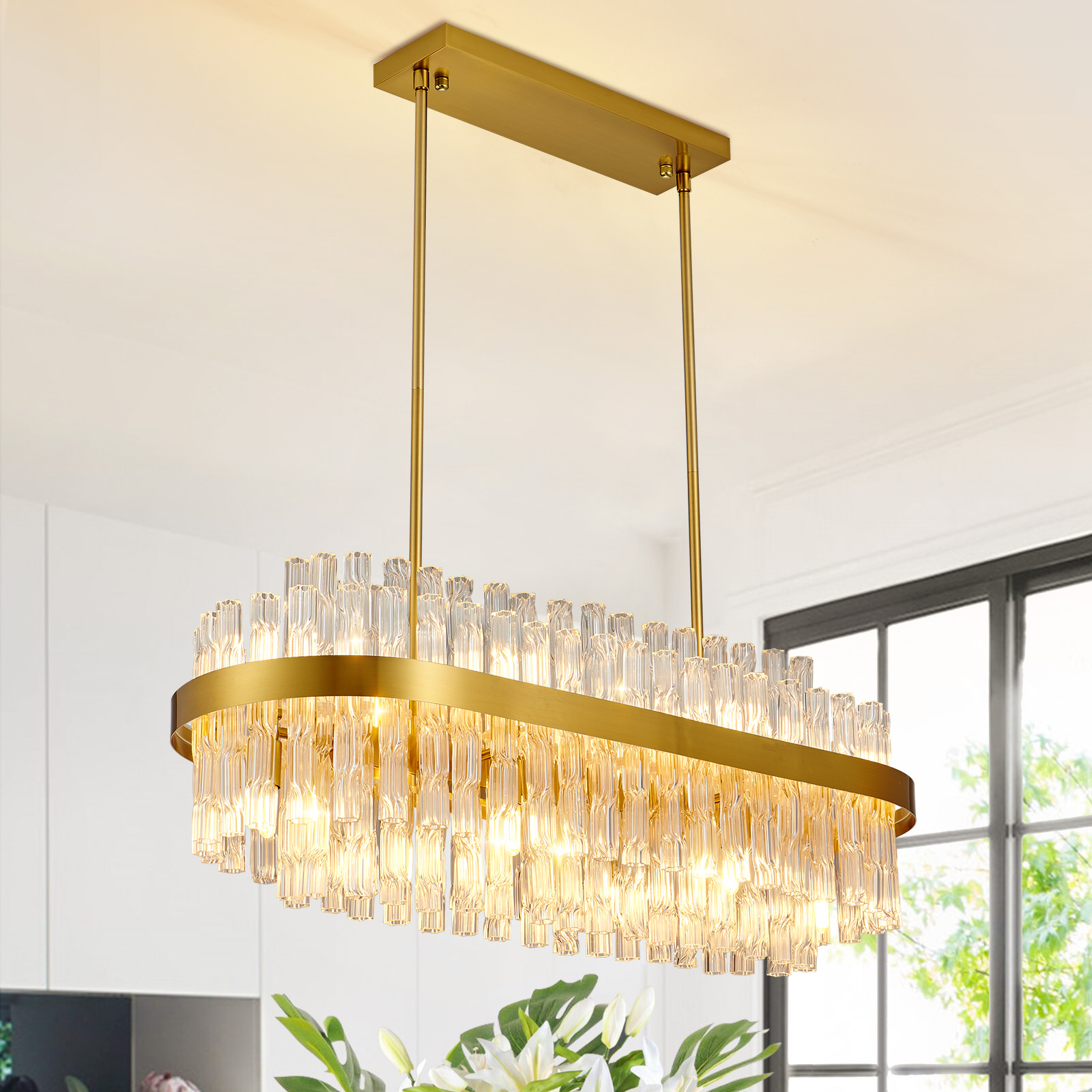 Gold LED Linear Pendant Light - Minimalist Dimmable Chandelier For Dining, Kitchen Island & Living Room - Modern Long Tube Ceiling Fixture - Stylish
