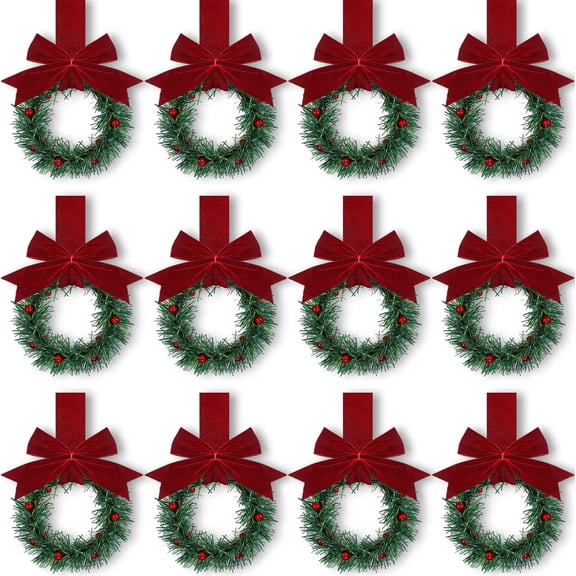 Wishrage 12PCS Christmas Kitchen Cabinet Wreaths with Ribbon 3.94 Inch Mini Christmas Wreath Small Kitchen Xmas Decor for Window Door