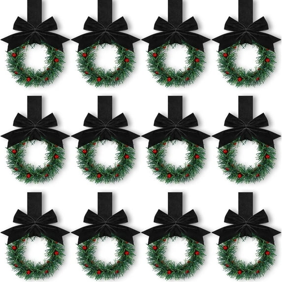 Wishrage 12PCS Christmas Kitchen Cabinet Wreaths with Ribbon Mini Christmas Wreath Small Kitchen Wreath Greenery Wreath for Window Door