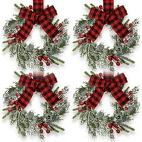 Wishrage 4PCS Christmas Wreath Mini Cabinet Wreaths for Kitchen Christmas Red Berry with Red and Black Plaid Bow Farmhouse Wreath for Holiday Xmas Party Decoration