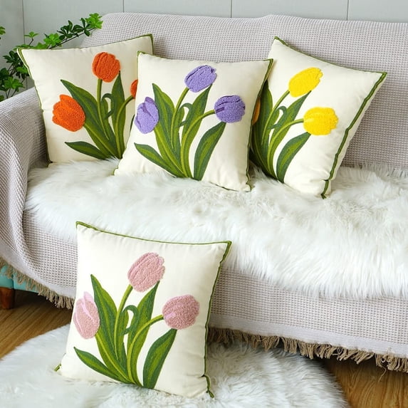 Wishrage 4PCS Embroidery Throw Pillow Covers 18x18 inch Valentine's Day Decor Tulip Pillow Cover for Couch Cotton Canvas Cushion Cover Square Farmhouse Floral Pillow Case