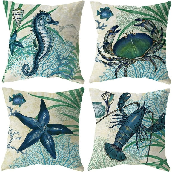 Wishrage Beach Pillow Covers 4 Pack Cotton Linen Nautical Throw Pillowcases Sea Theme Coastal Cushion Cover 18 x 18 inch