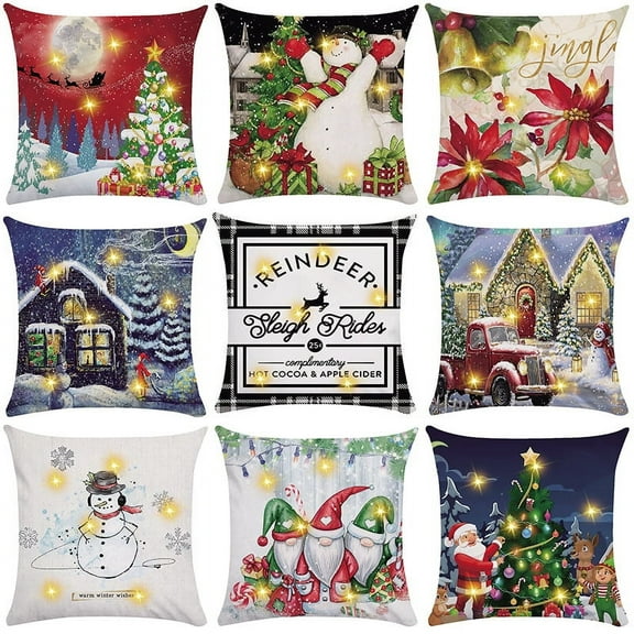 Wishrage Christmas Pillow Covers with LED Lights Light Up Snowflake Santa Snowman Houses Claus Tree Pillowcases Farmhouse Decor for Sofa Couch Xmas Decorations 18x18 Inch