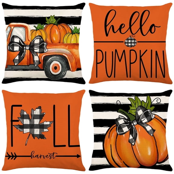 Wishrage Fall Pillow Covers 18x18 Set of 4 Thanksgiving Stripe Farmhouse Decorations Orange Pumpkin Outdoor Autumn Farm Truck Pillows Decorative Throw Cushion Case for Home Decor