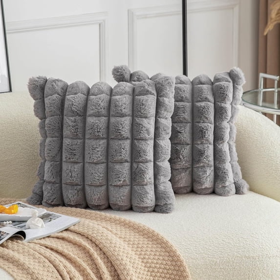 Wishrage Faux Fur Plush Throw Pillow Covers 18x18 Inch Set of 2 - Square Decorative Pillowcase Checkered Soft Fuzzy Cozy Cushion Case for Couch,Sofa,Living Room