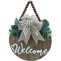 Wishrage Welcome Sign for Front Door Farmhouse Porch Décor Wooden Hanging Sign with Artificial Leaves and Rustic Beads 12" Round