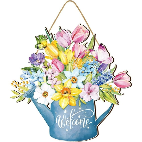 Wishrage Welcome Spring Front Door Hanging Sign Floral Spring Door Decorations Hanging Spring Summer Door Hanger Floral Hanging Plaque Sign for Home Spring Summer Party Outdoor Indoor Front Door