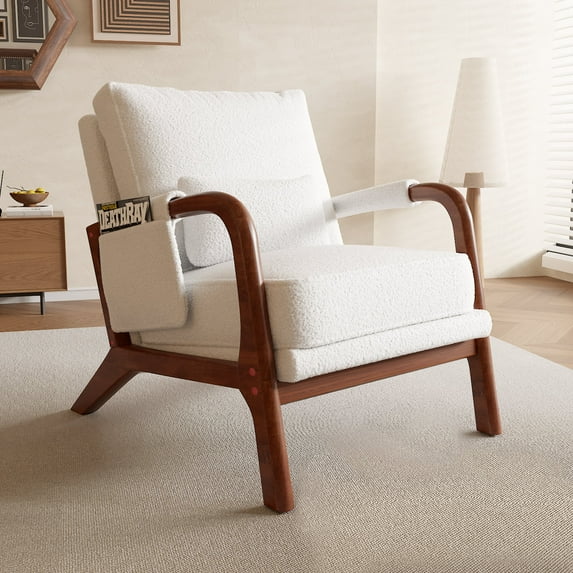 Wismestr Mid Century Modern Accent Chair with Pillow, Upholstered Arm Chair with Solid Wood Frame, Comfy Reading Chair for Living Room, Bedroom, Sherpa fleece,White