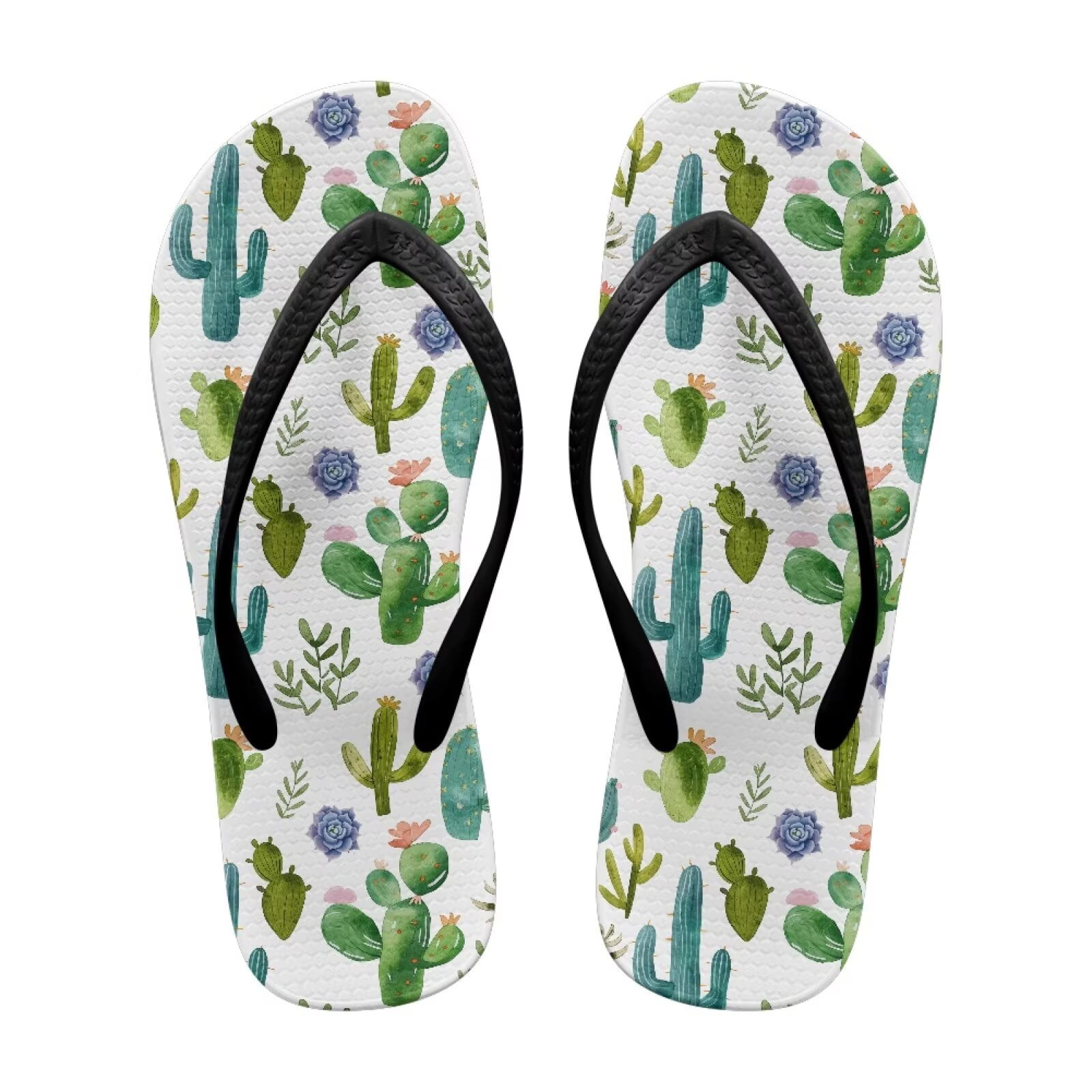 Wismoutput Cactus Women Flip Flops Lightweight No-Slip Bath Slides Sandals Comfort Beach Pool Bathroom Sandals Waterproof for Teens Girls Summer Party Black Size 5