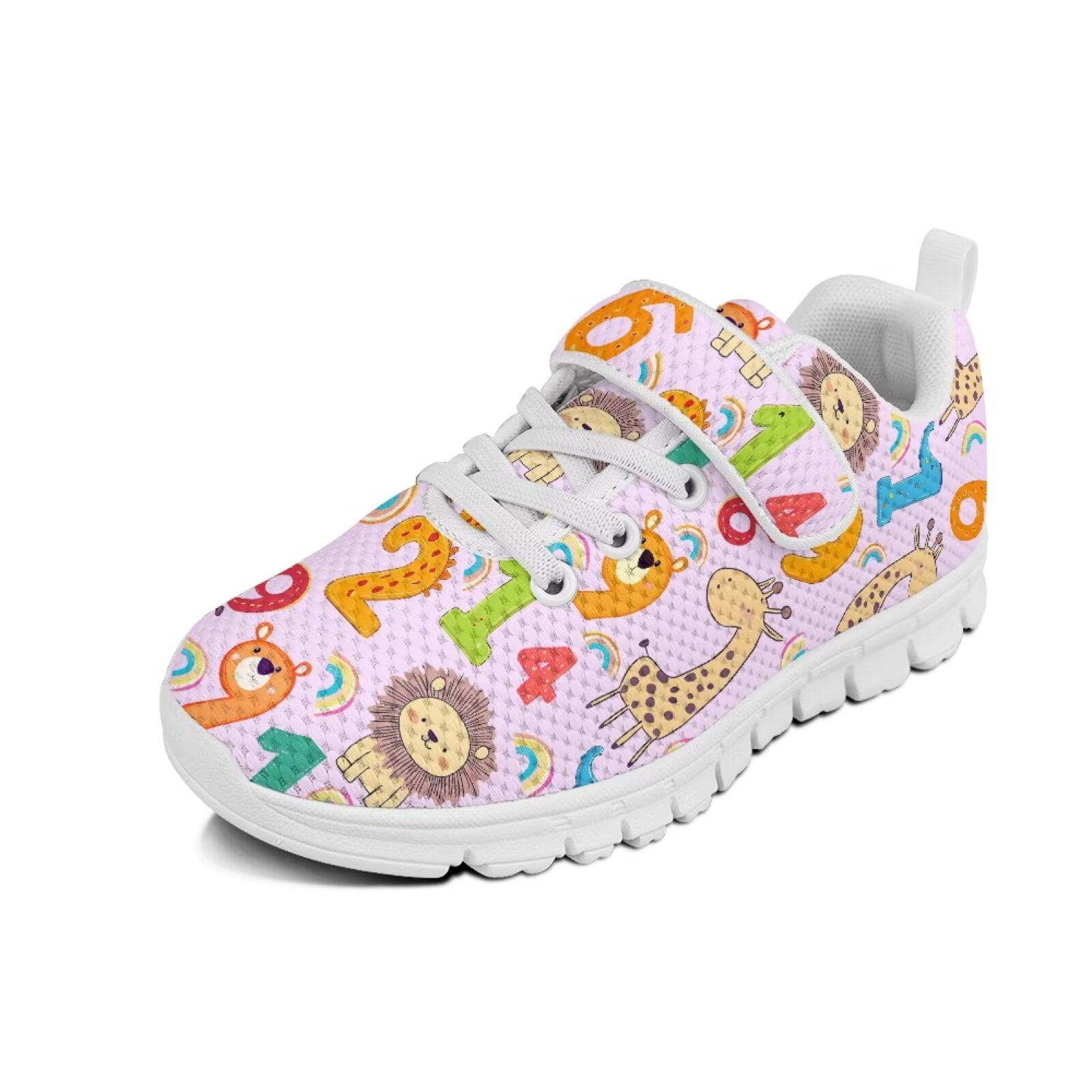 Wismoutput Cartoon Animals Number Sneakers for Kids Girls Light Breathable Comfortable Sports Shoes Hook & Loop Size 11-15