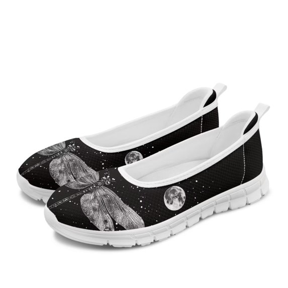 Wismoutput Dragonfly Pattern Black Flat Shoes for Women Canvas Shoes Slip on Soft Comfortable Walking Shoes Size 6-11