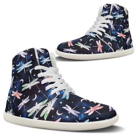 Wismoutput Dragonfly Printed Barefoot Shoes for Men Lace-Up Sneakers With Barefoot Sole Stylish Walking Running Shoes for Students Adults