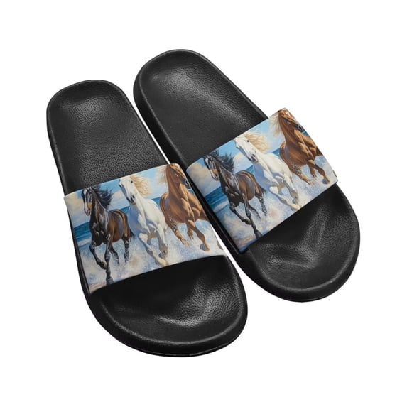 Wismoutput Horses Summer Slippers for Women Mens Non Slip Quick Drying Unisex House Sandals Indoor Shower Slides Bathroom Sandals Outdoor Beach Water Shoes Black Size 7.5