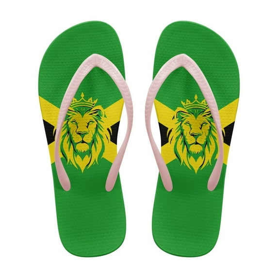 Wismoutput Jamaica Flag Lion Womens Non Slip Flip Flops Quick Drying Lightweight Beach Pool Party Sandals Indoor Shower Slides Bathroom Sandals Pink Size 5