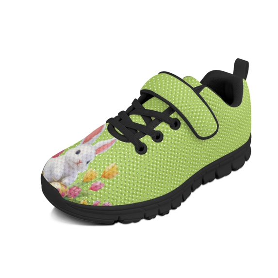 Wismoutput Rabbiit Printed Green Velcro Sneakers Light Breathable Anti-Slip Durable Sports Shoes for Little Girls Boys Size 11-15