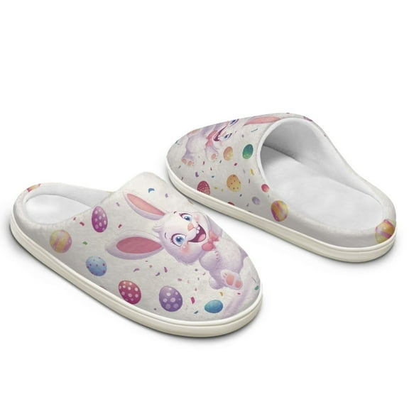 Wismoutput Rabbits Printed Cotton Slippers for Big Girls Women Winter Fluffy House Slippers Lightweight Warm Anti-Slip Indoor Slippers