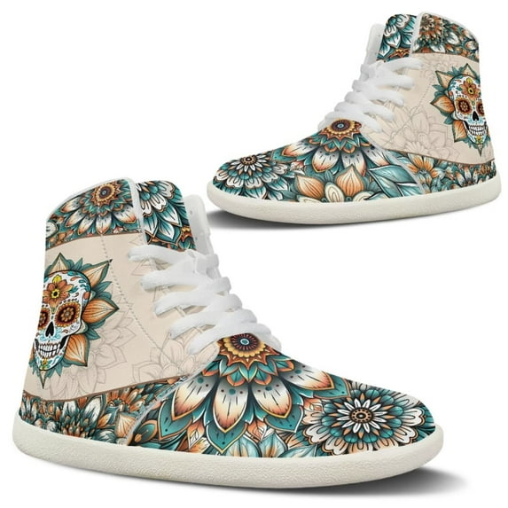 Wismoutput Tribal Ethnic Style Barefoot Shoes with Skull High-Top Minimalist Barefoot Shoes for Men Fashion Printed Casual Shoes
