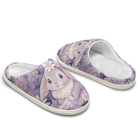 Wismoutput Women's House Printed Slippers with Rabbits and Flowers Indoor Warm Cotton Slippers for Mom and Girls Non-Deformable and High Rebound Cotton Slippers