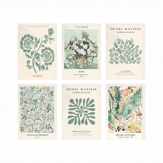 Wisolt 6Pcs Green Vintage Wall Art,7.9"x9.8"Minimalist Bathroom Home Wall Decor Paintings,Boho Canvas Modern Textured Living Room Wall Art-Aesthetic