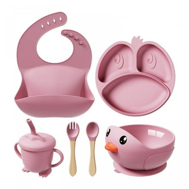 Wisolt Wine Red Duck Silicone Baby Feeding A Six-piece Tableware Set - Complete with Suction Plates & Spoons, Ideal for Weaning & Feeding.