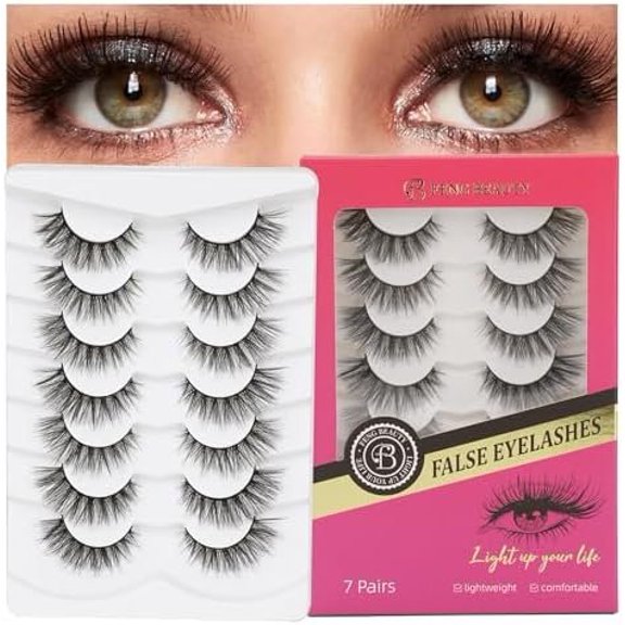 Wispy Eyelashes 7 Pairs Look Faux Strip lashes, Lightweight D Curl Eye Lashes for Daily Wear, Eye Makeup Set