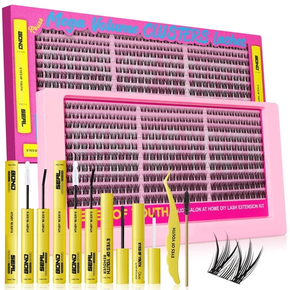 EYES OF YOUTH 300pcs Lash Clusters Kit, DIY Individual Cluster Eyelash Extensions, 10-16mm D Curl Lash Set with Bond and Seal, Lash Glue, Remover, Tweezers and Brush - D Curl-Victory
