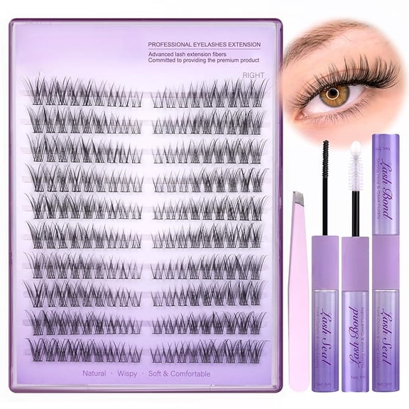 Wispy Lash Clusters Kit Cat Eye Lash Extension Kit 180pcs Natural Individual Lashes Left Right Cluster Eyelash Extensions Kit with Lash Bond and Seal, Lash Tweezers for Self Application
