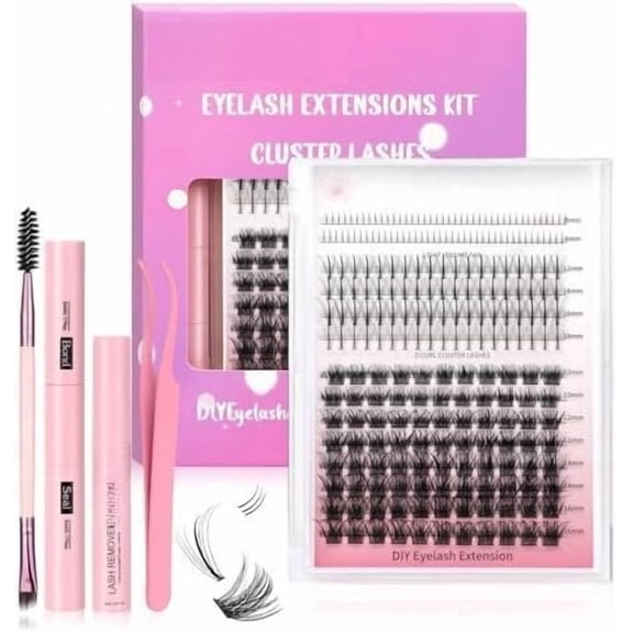 Wispy Lash Clusters Kit  Individuals DIY Eyelash Extensions, C-Curl Volume Studio Effect 244 count Combo Pack with Bottom Lash|Glue|Tweezers|Removers|Eyelash&Eyebrow Brush