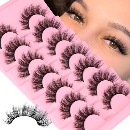 Wispy Lashes False Eyelashes Clear Band Cat Eye Lashes Natural Look 15MM Fake Eyelashes Pack Pestañas Postizas Naturales Wispy D Curvature Lashes, 7 Pairs