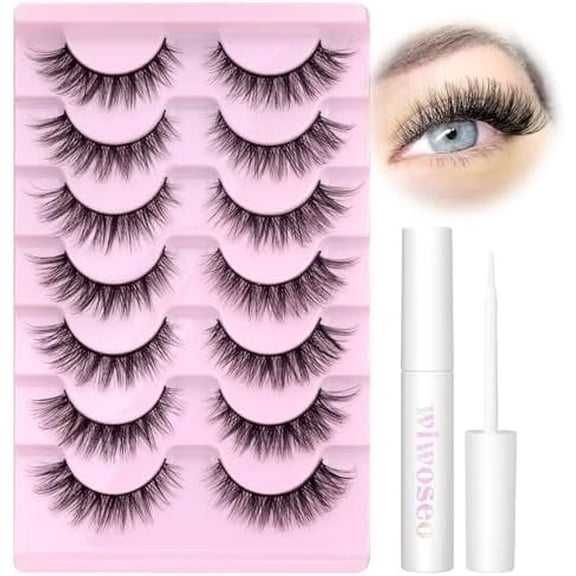 Wispy Lashes Look False Eyelashes with Lash Glue Eye Lashes Kit Lashes Extension with Eyelash Glue Short Lashes Pack, 7 Pairs with Clear Lash Glue by