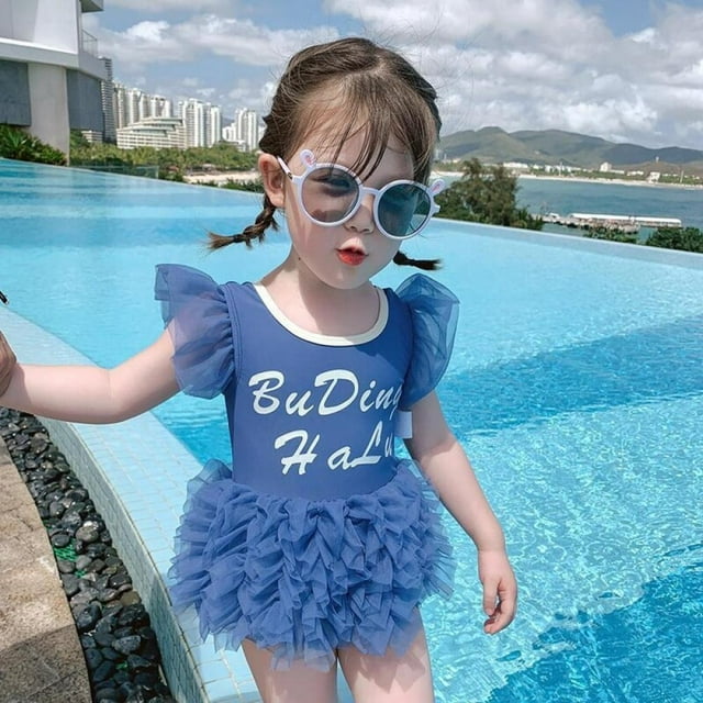 Wisremt Baby Girl One Piece Swimsuit Cartoon Print Swimwear Girls' Cute Open-back Lace Mesh Gauze One-piece Swimsuit