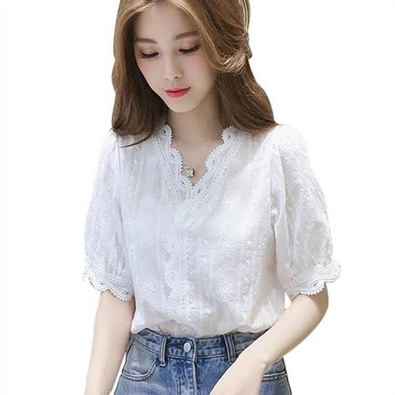 Wisremt Fashion Lace Hollow Out Sweet White Blouse Women's V-Neck Casual Blouses Shirts Half Sleeves Solid Color Shirt women tops