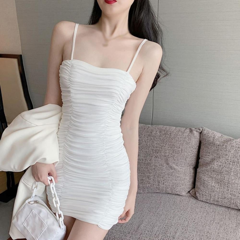 Wisremt Sexy Slim Bodycon Dress Women's Fashion Clubwear Solid Color Sling  Mini Dresses New Sleeveless Pleated Skinny Dress White