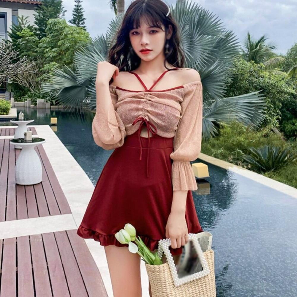 Wisremt Women Sexy Swimsuit Two Pieces Korean Style Long Sleeves Sunscreen  Beach Clothes Swimsuit Female Bathing Suit Swimwear Wine Red - Walmart.com