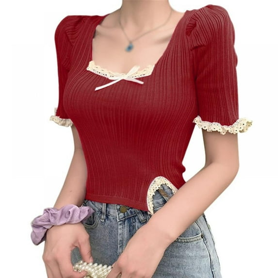 Wisremt Women's T-Shirt Korean Square Neck Puff Sleeve Female Top Lace Stitching Knit Short All-Match T-Shirts