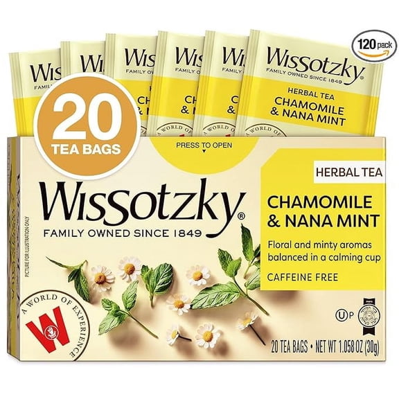 Wissotzky Chamomile Tea with Nana Mint, Herbal Tea, 20 Tea Bags | Caffeine Free | Soothing Blend | Sleep Support