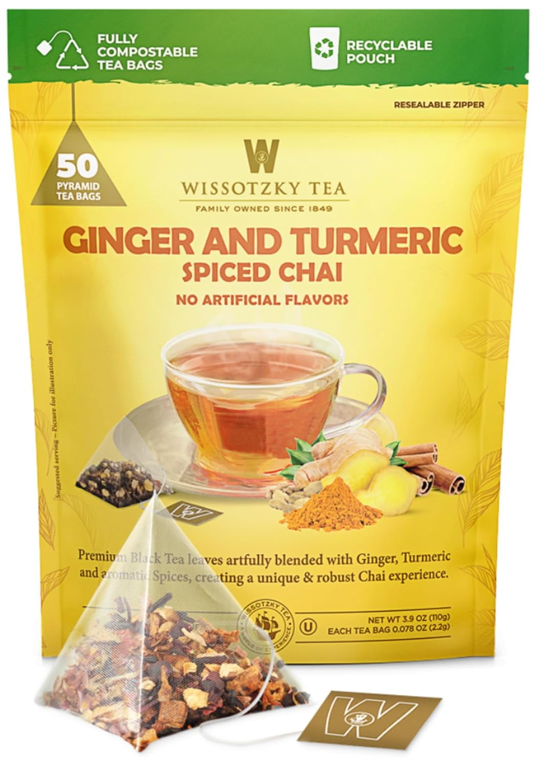 Wissotzky Tea Ginger Turmeric Spiced Chai Tea (50 Pyramid Tea Bags) Whole Leaf Black Tea No