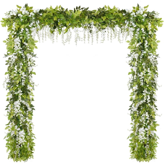Wisteria Artificial Flower Garland 2Pcs Total 12Ft, Artificial Wisteria Garland, White Wisteria Flower Vines, Silk Wisteria Hanging Flowers for Wedding Arch Outdoor Ceremony Garden Porch Decor
