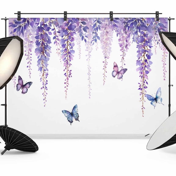 Wisteria Backdrop for Photography,Fabric Photo Background Backdrop,Purple Flowers Butterflies Vintage Spring Photo Booth Background for Portrait Photoshoot Video Wedding Studio Decor Banner 8x6ft