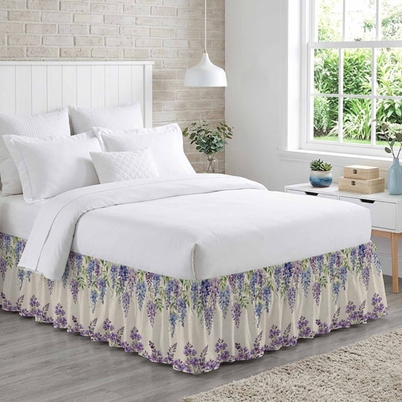 Wisteria Bed Skirt California King Size 18 Inch Drop, Spring Watercolor Light Purple Floral Linen Texture Adjustable Elastic Dust Ruffles Bedskirt Wrap Around Pleated Mattress Frame Cover