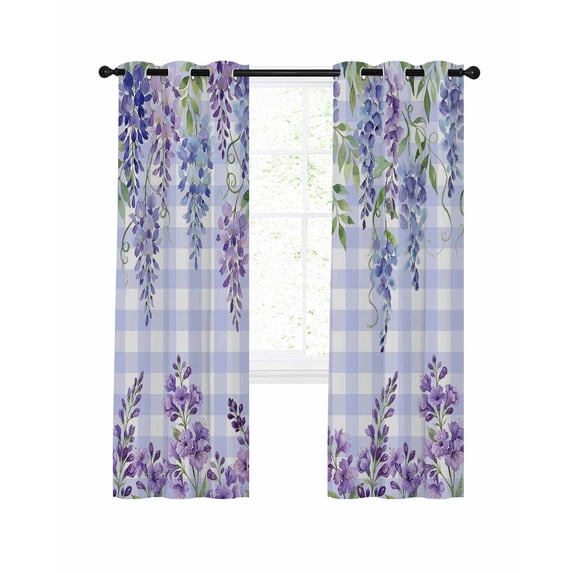 Wisteria Blackout Curtains 84 Inch Length Spring Watercolor Light Purple Floral Purple Plaid Thermal Insulated Window Curtain Window Drapes 2 Panels for Bedroom Living Room 42"Wx84"L