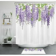 Wisteria Dreams Shower Set: Watercolor Leaves & Hooks for a Serene Bathroom Ambiance