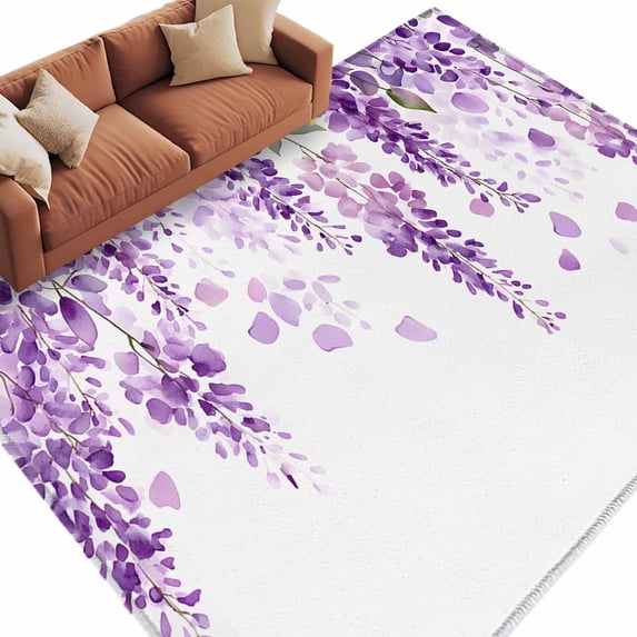 Wisteria Flowers Large Area Rugs for Bedroom Living Room, Soft Non Slip Carpet Bedside Rug, Purple Floral Warercolor Summer Rectangular Floor Cover Kitchen Accent Rug 5'x8' for Dining Room/Office