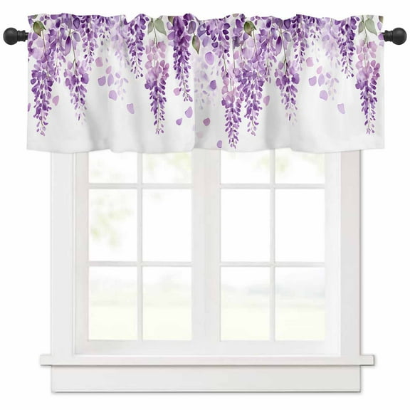 Wisteria Flowers Valances for Windows Farmhouse Kitchen Curtains Valances Rod Pocket Valance Curtains for Kitchen Windows Purple Floral Warercolor Summer Window Valances for Bathroom Bedroom 60"x18"