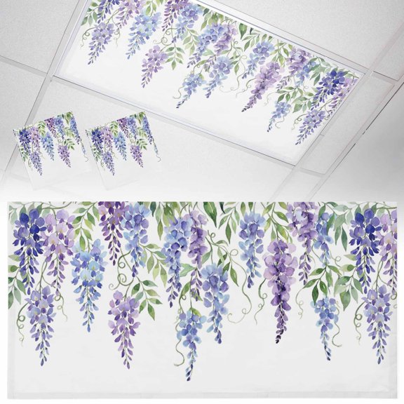 Wisteria Fluorescent Light Covers Spring Watercolor Light Purple Floral Leaf Magnetic Light Filters Ceiling Lighting Panel Shade for Classroom Office Home 2 x 4 ft, 2 Pack