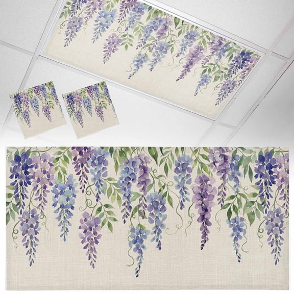 Wisteria Fluorescent Light Covers Spring Watercolor Light Purple Floral Linen Texture Magnetic Light Filters Ceiling Lighting Panel Shade for Classroom Office Home 2 x 4 ft, 2 Pack