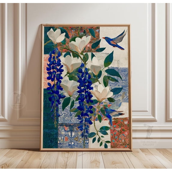 Wisteria Magnolia Poster Blue Botanical Collage Art Print Bird Floral ...