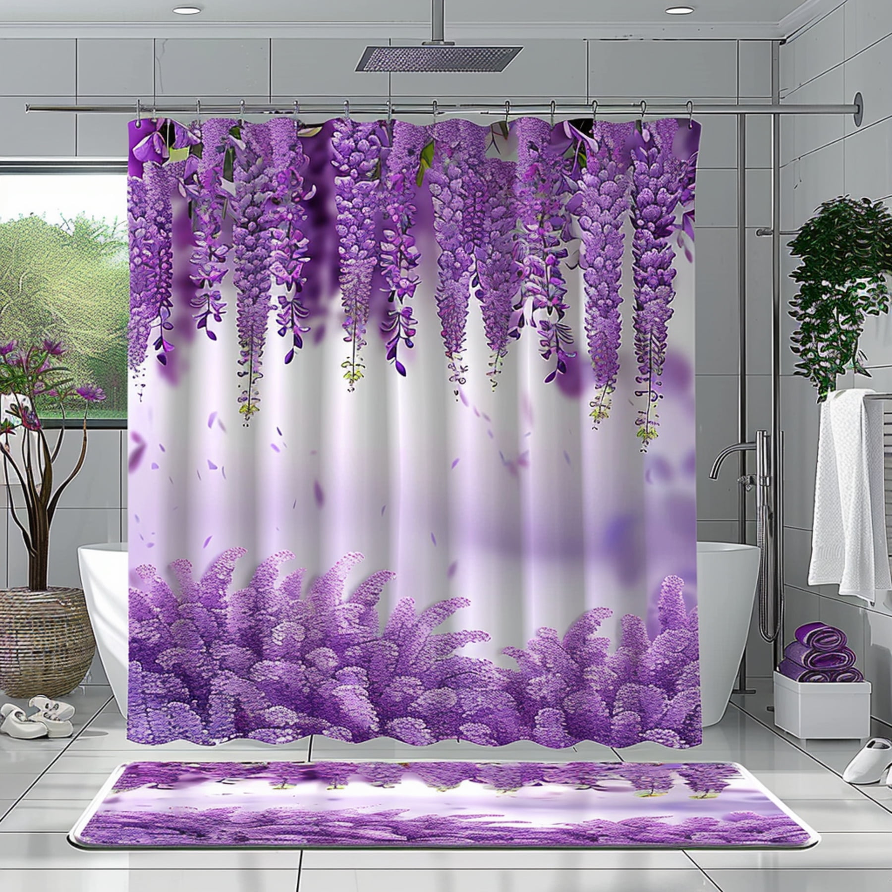 Wisteria Print Purple and White Shower Curtain Set with Matching