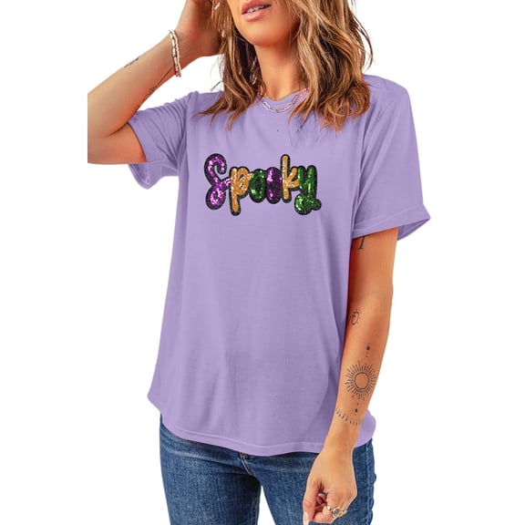 Wisteria Spooky Sequin Letter Patched Casual T-Shirt for Women - [ZhiHiMeRi] | M